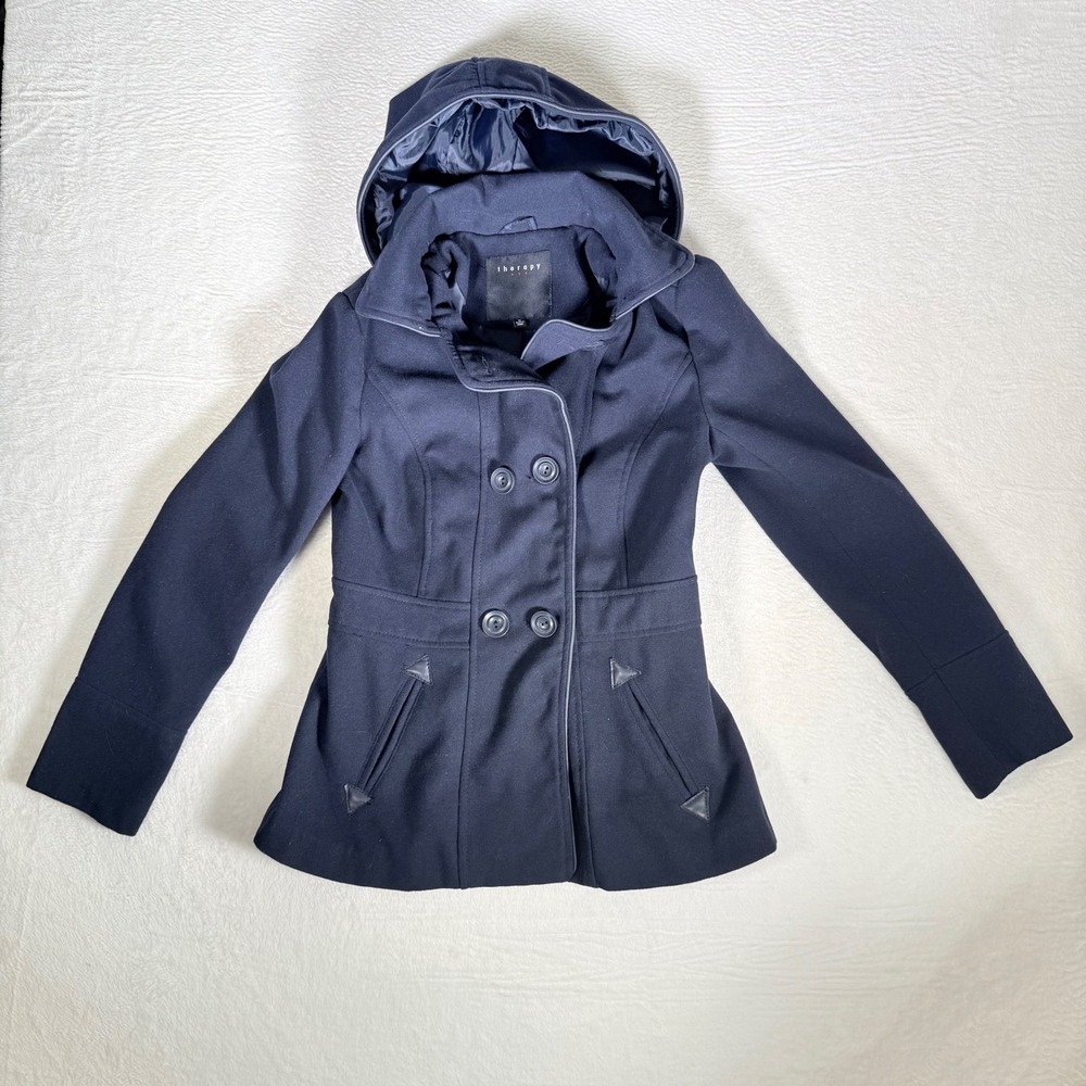 Therapy Navy Blue Hooded Double Breasted Military Peacoat Jacket Women's Medium